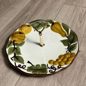 Stangl Pottery Cake Plate w/Center Handle in Goldtone. Depicts Foliage and Fruit